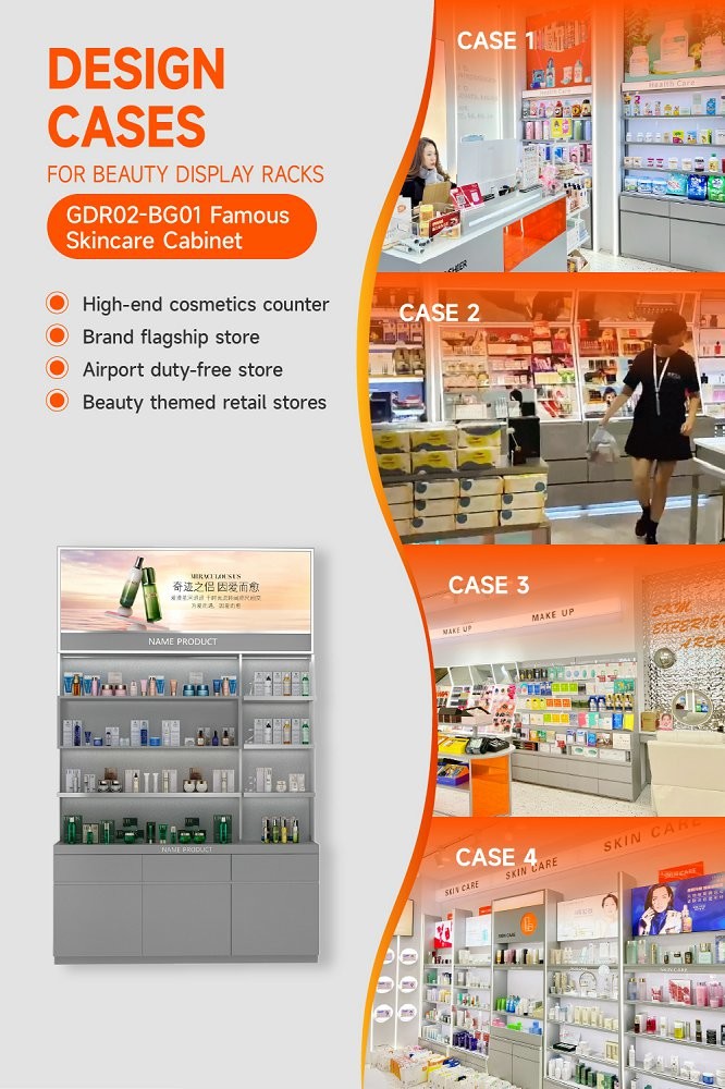 GDR02-BG01 Skincare Display Cabinet with LED Strip Lights and White Glass for Department Stores