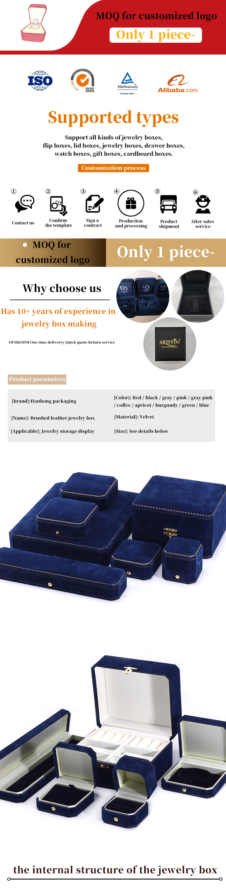 Handmade Rectangle Dark Blue Velvet Jewelry Box for Custom Luxury Bracelet Ring Set