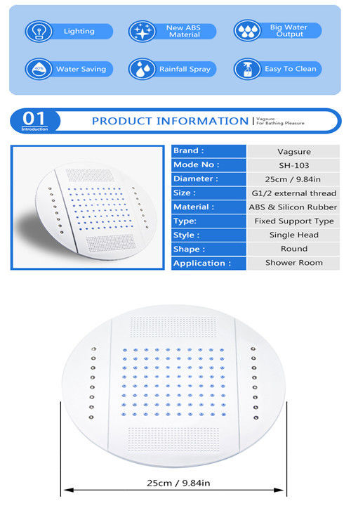 Easy Clean Overhead Rainfall Shower Head Big Water Output With 12V Led Lighting