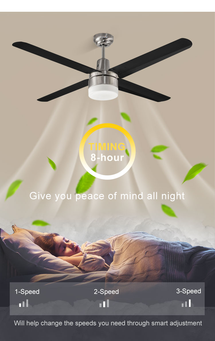 Strong Wind 52 Inches Modern Copper Motor 4 Black LED SS Blade Ceiling Fan with Light