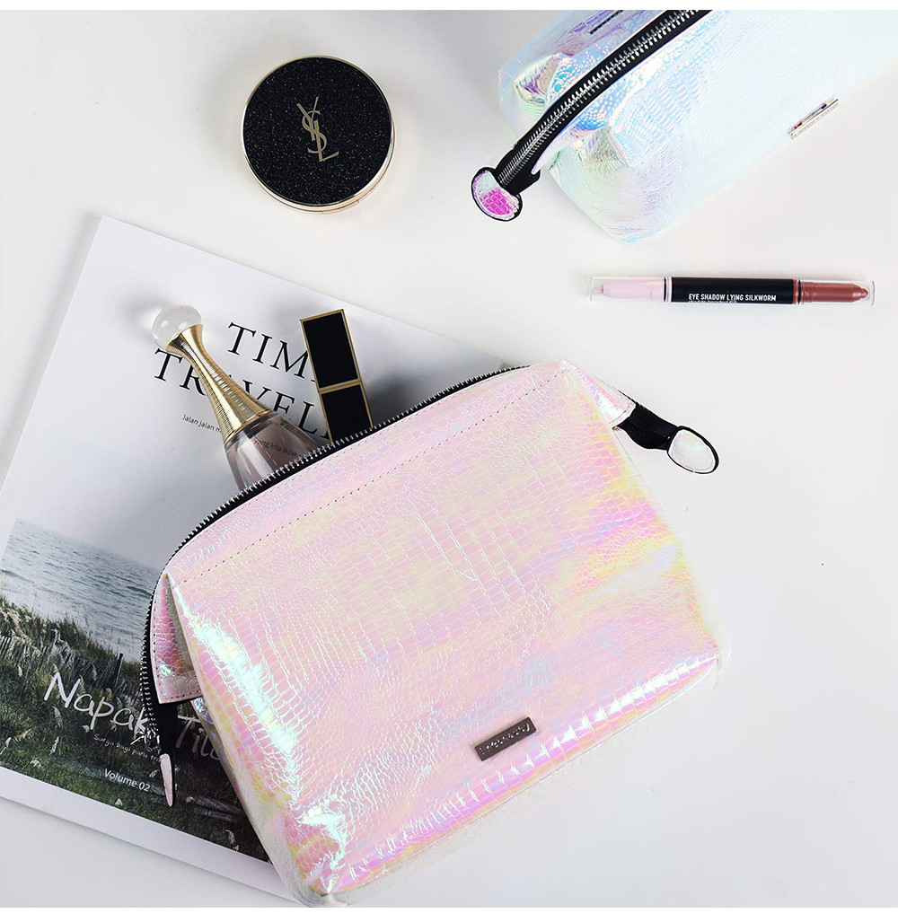Waterproof Shiny Rainbow PU Cosmetic Bag With Zipper Closure
