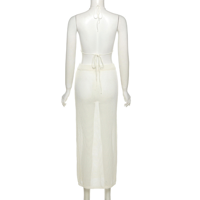 Women's Two Piece Casual Set Hanging Neck Small Vest Knitted Hollow Slim Skirt Suit