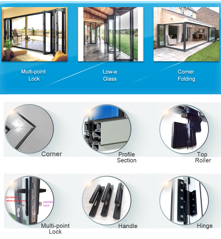 KDSBuilding Soundproof Waterproof Veranda Fold up Retractable Cheap Security Glass Folding Door