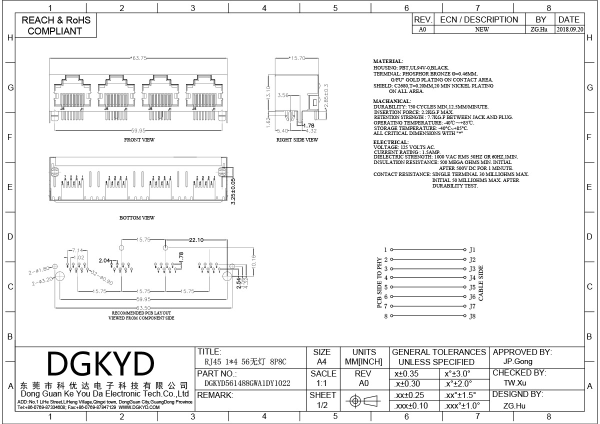 RJ 45 Panel Interface Connecte Cat6 PCB Jack Ethernet RJ45 Female Connector DGKYD561488GWA1DY1022