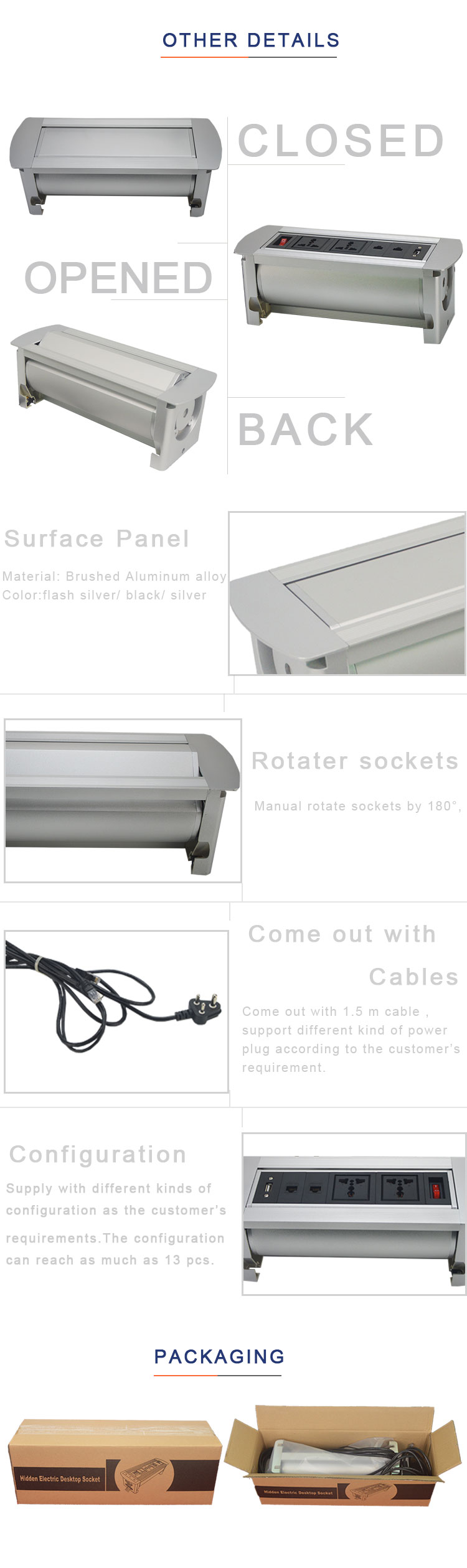 CE Rohs approval manual rotate aluminum alloy multimedia desktop socket box