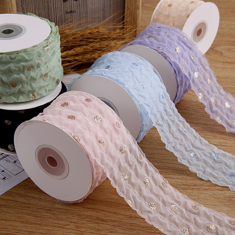 50mm Organza Ribbon With Dot Pattern Gold Foil Printed Polyester Organza Ribbon OEM Eco Friendly