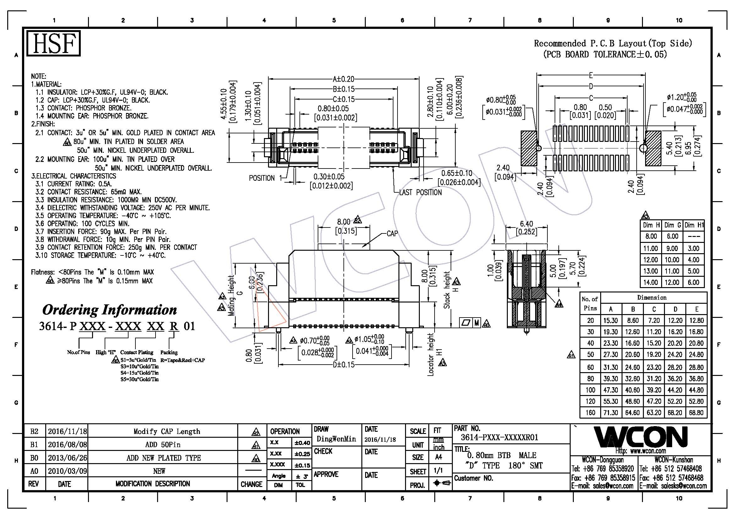 0.8mm Pitch Male Straight Connector SMT PA9T UL94V-0 Board To Board D Type