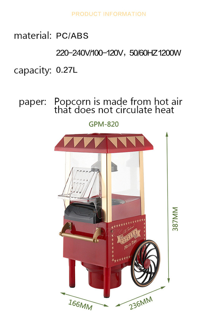 Car Shape Amusement Game Machines Hot Air Automatic Popcorn Popper With Cart