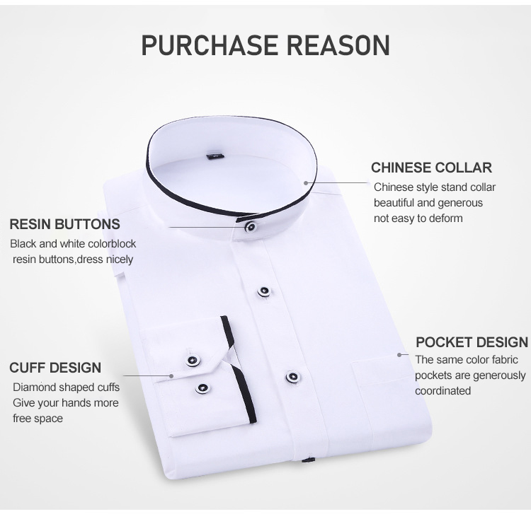 Covered Button Closure Men's Black and White Business Casual Shirt with Stand Collar