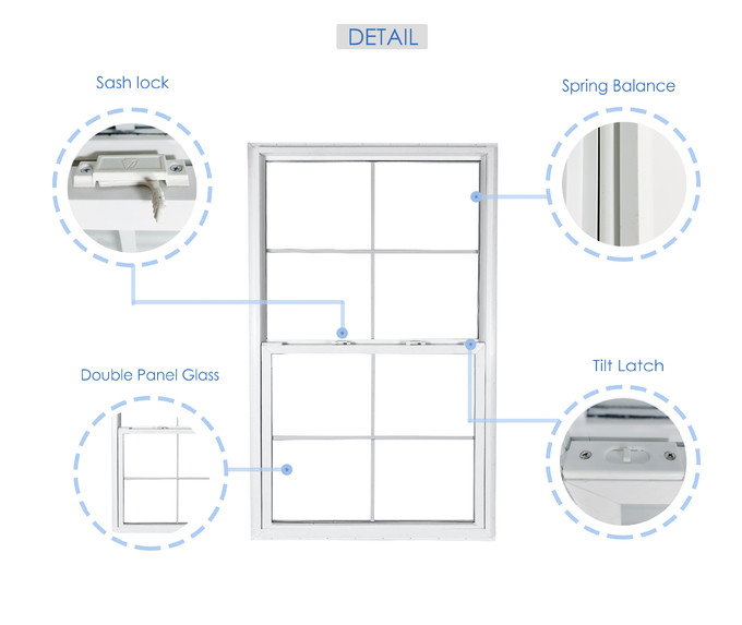 UPVC Single Hung Vinyl Windows Soundproof Double Vertical Sliding Windows
