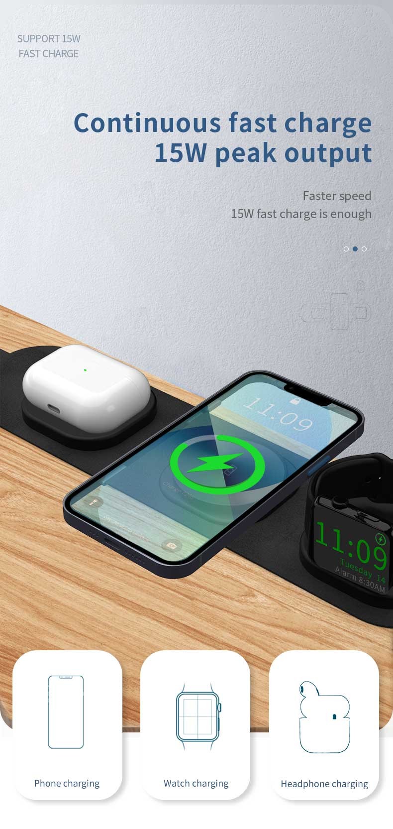 Custom Logo 10W Qi Wireless Charger Pad QC3.0 PD Wireless Station Phone Charger