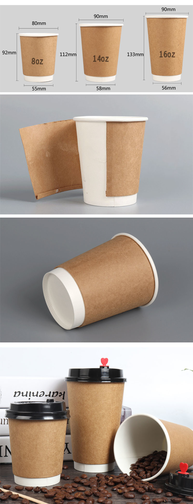 High Quality Degradable 8oz 14oz 16oz Kraft Paper Coffee Cups With Lids