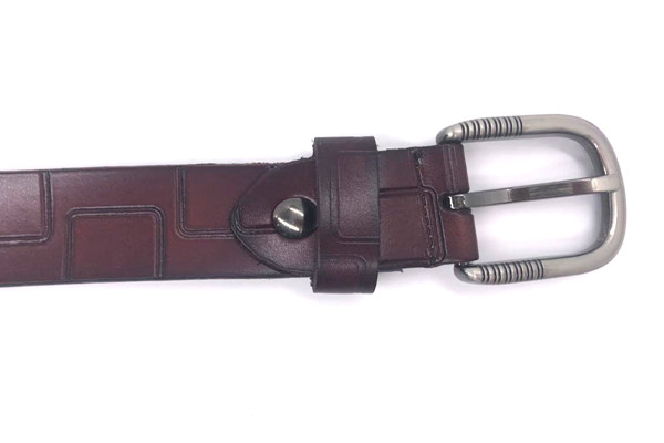 Brushed Gunmetal Real Leather Belt Womens Embossed Labyrinth Pattern