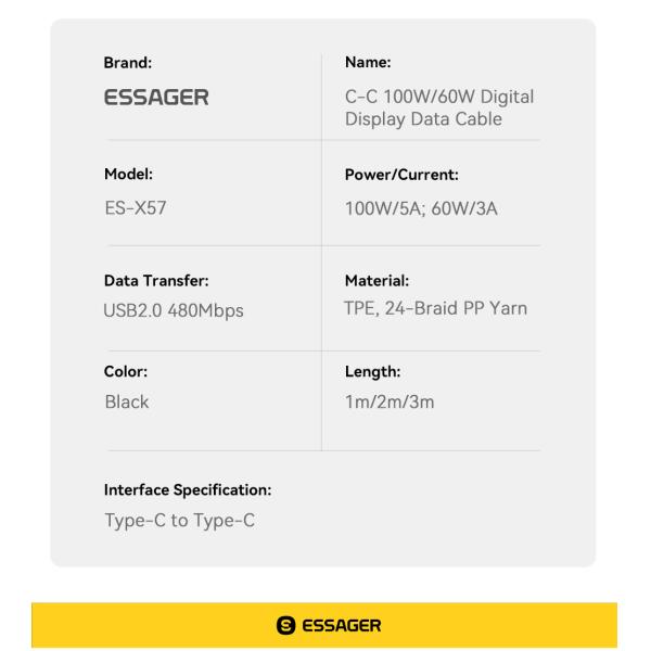 Zinc Alloy USB C Fast Charging Cable 60W 100W ESSAGER ES-X57 Series