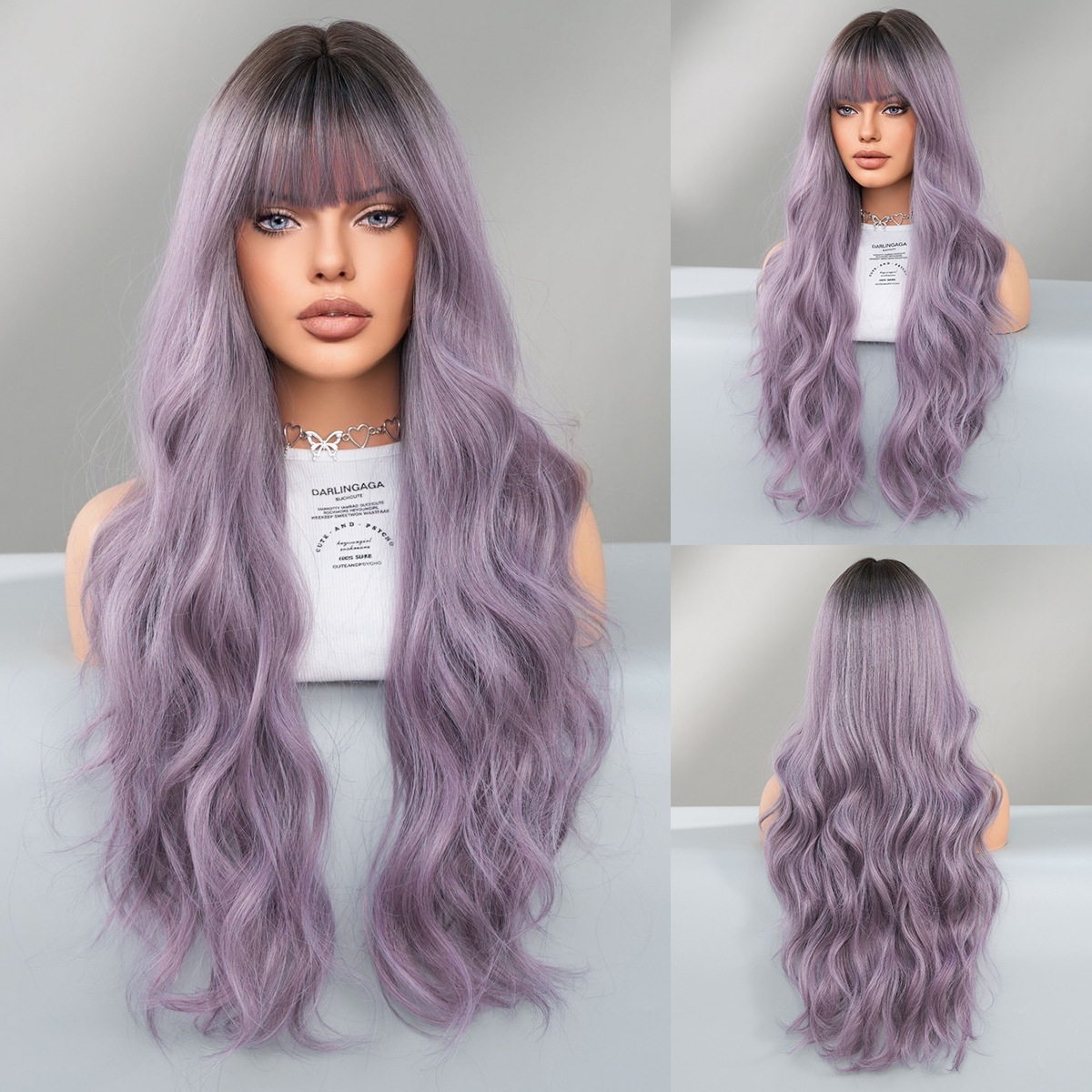 Fashion Long Body Wave Dark Root Hair Purple Synthetic Wigs For Women