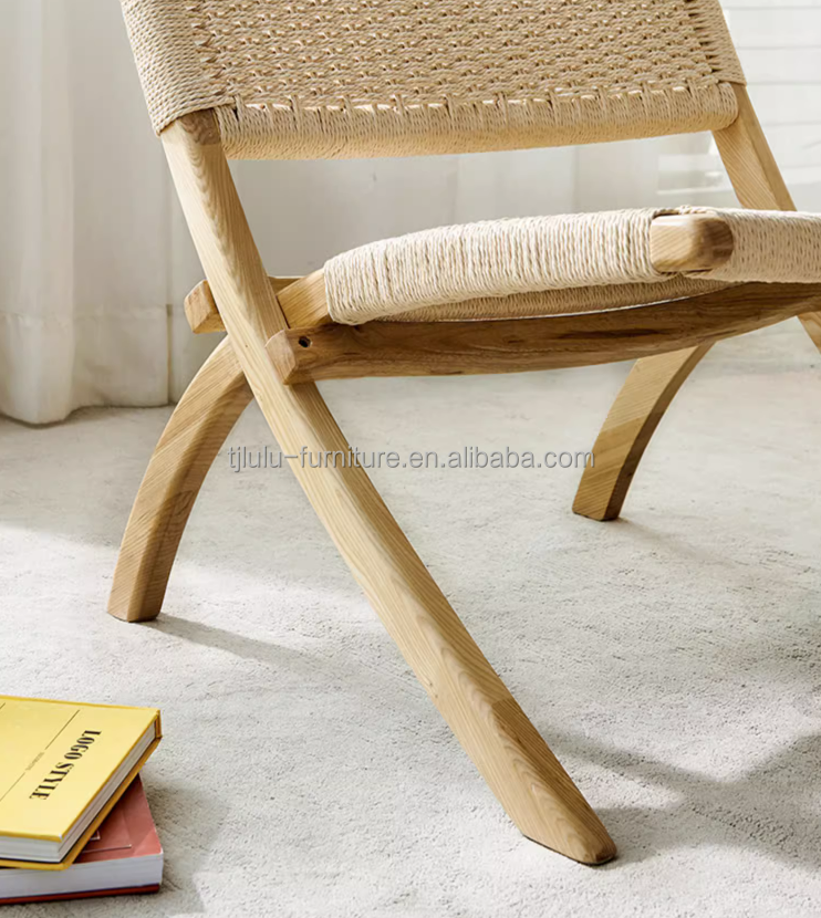 Hotel Living Room Furniture Nordic Style Solid Wood Leisure Chair with Woven Cord and Foldable Design