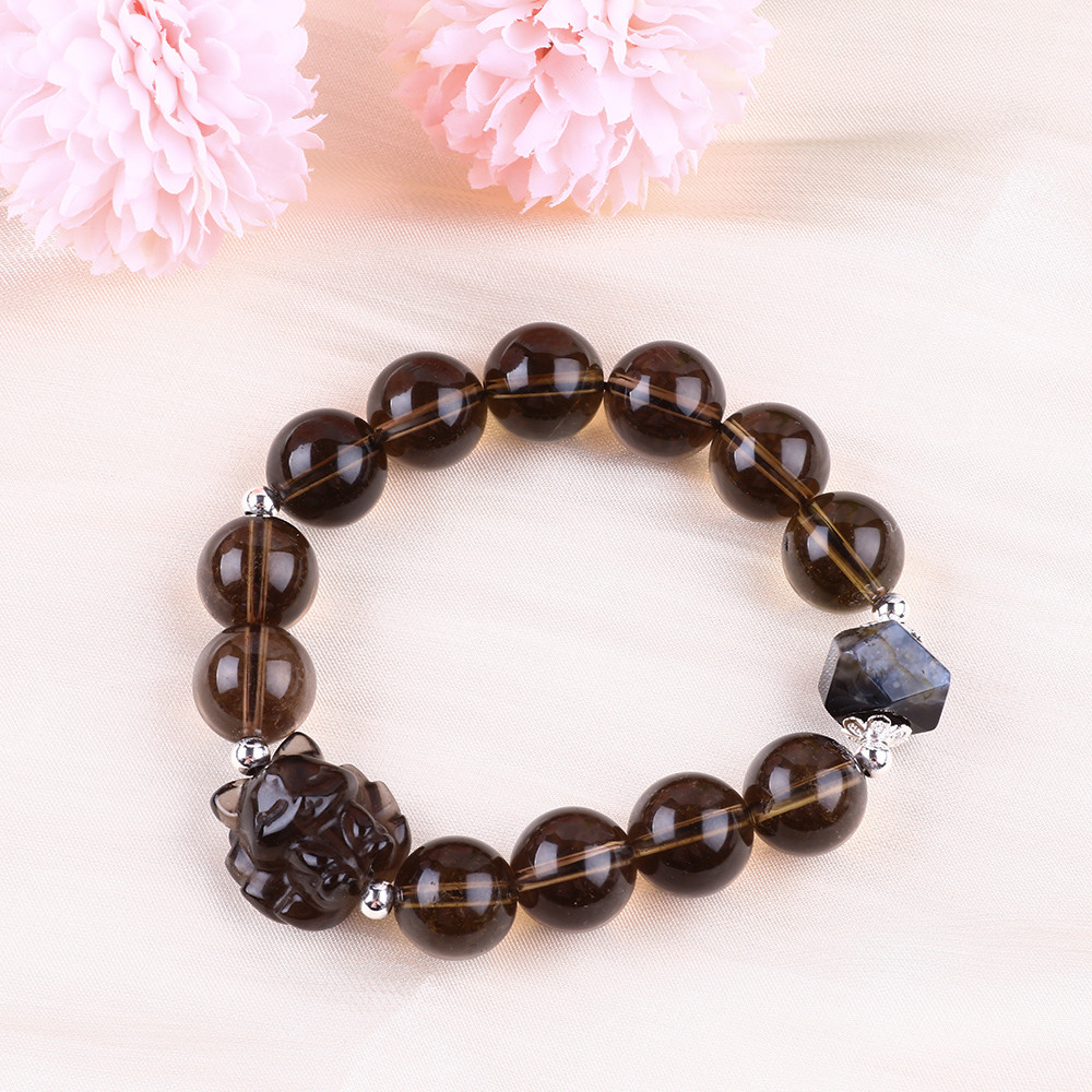 14mm Bead Smoky Quartz Crystal Bead Bracelet With Nine Tail Fox Carving