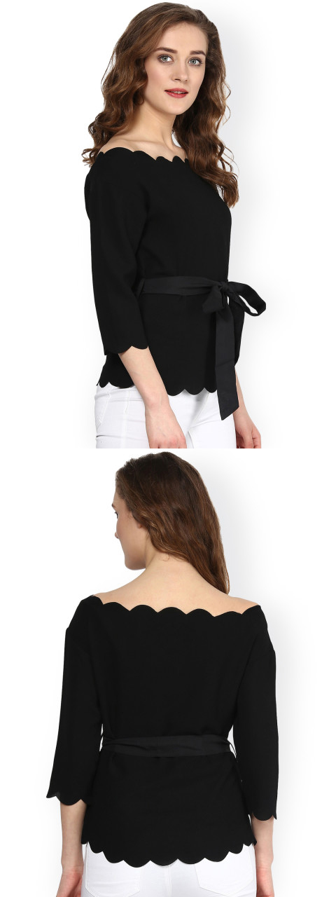 Women Fashionable Black Scalloped Top