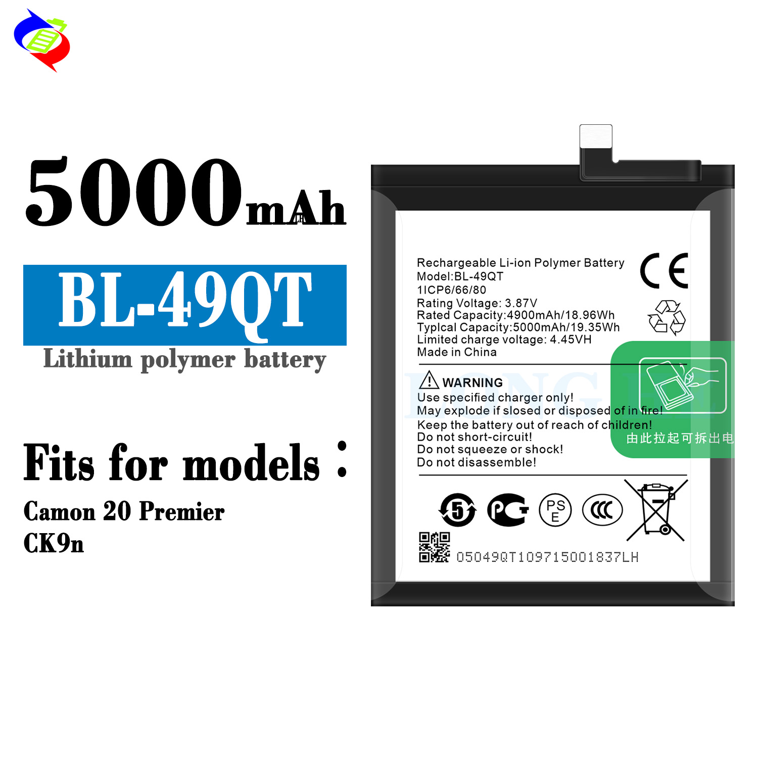 BL-49QT Battery Rechargeable Polymer Lithium Battery for Tecno Camon 20 Premier CK9n