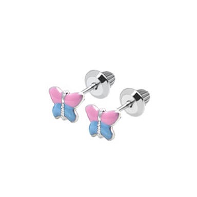 18K Yellow Gold Pink Blue Enamel Butterfly Earrings With E Coating