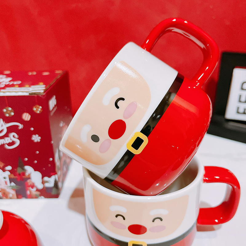 Cute Glossy Ceramic Anniversary Gift Mugs Santa Shape For Christmas Festival