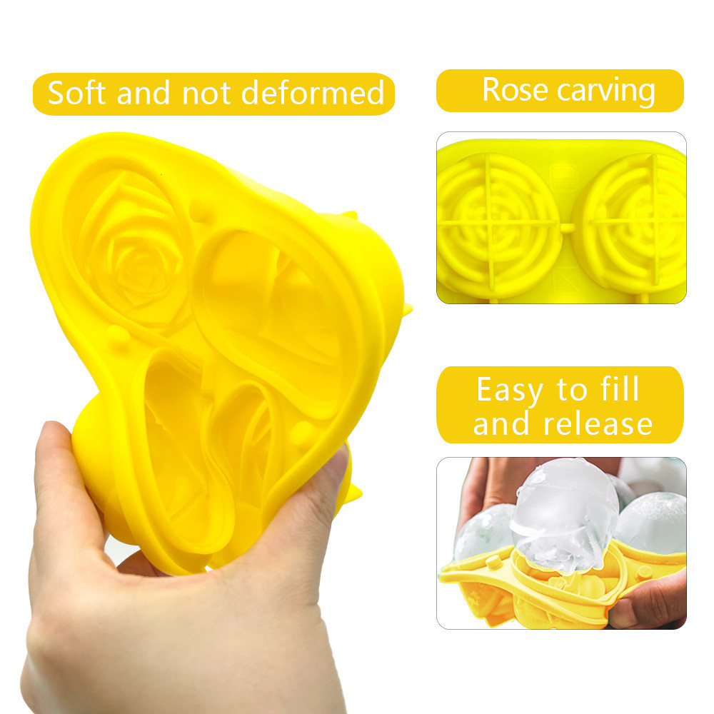 Rose Ice Cube Mold,Bongpuda Silicone Ice Cube Tray,4 Cavity Silicone Rose Ice Ball Maker,Easy Release,For Chilling Cocktails, Whiskey, Bourbon And