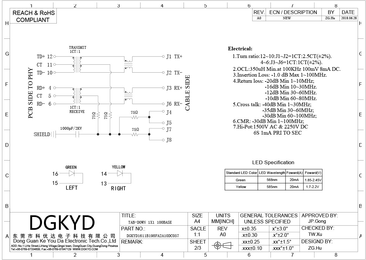90 Degrees Shielded 6Pin Cat6 RJ45 Single Port Connector Network Socket RJ45 With Transformer