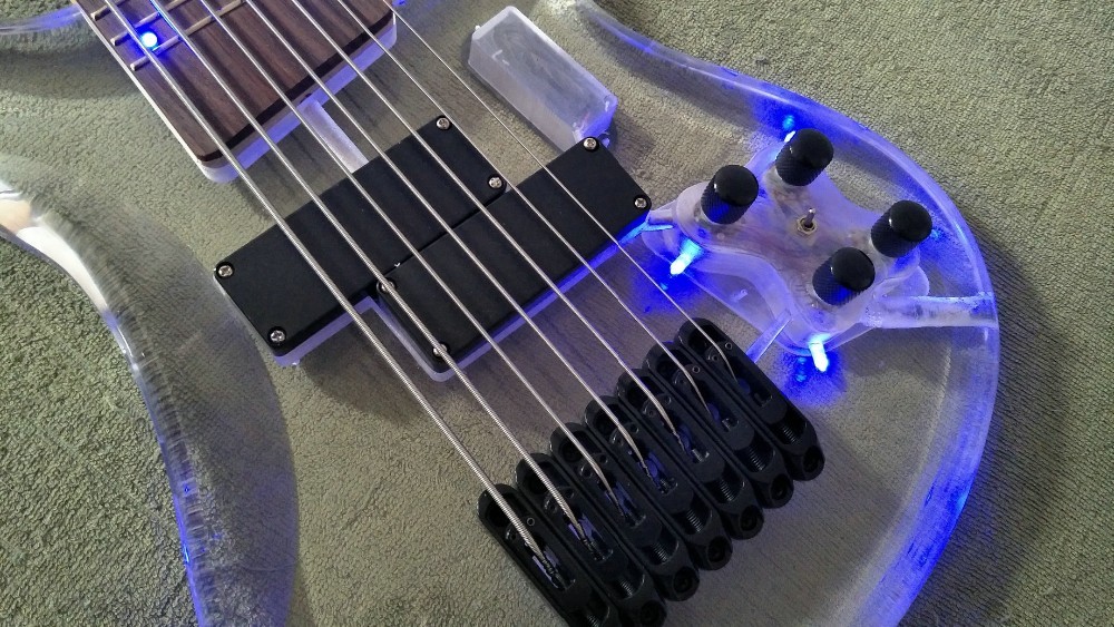 7 Strings Bass Guitar Limited Edition Clear Acrylic Body Rosewood fingerboard inlay Blue LED lamp Electric Bass Guitar