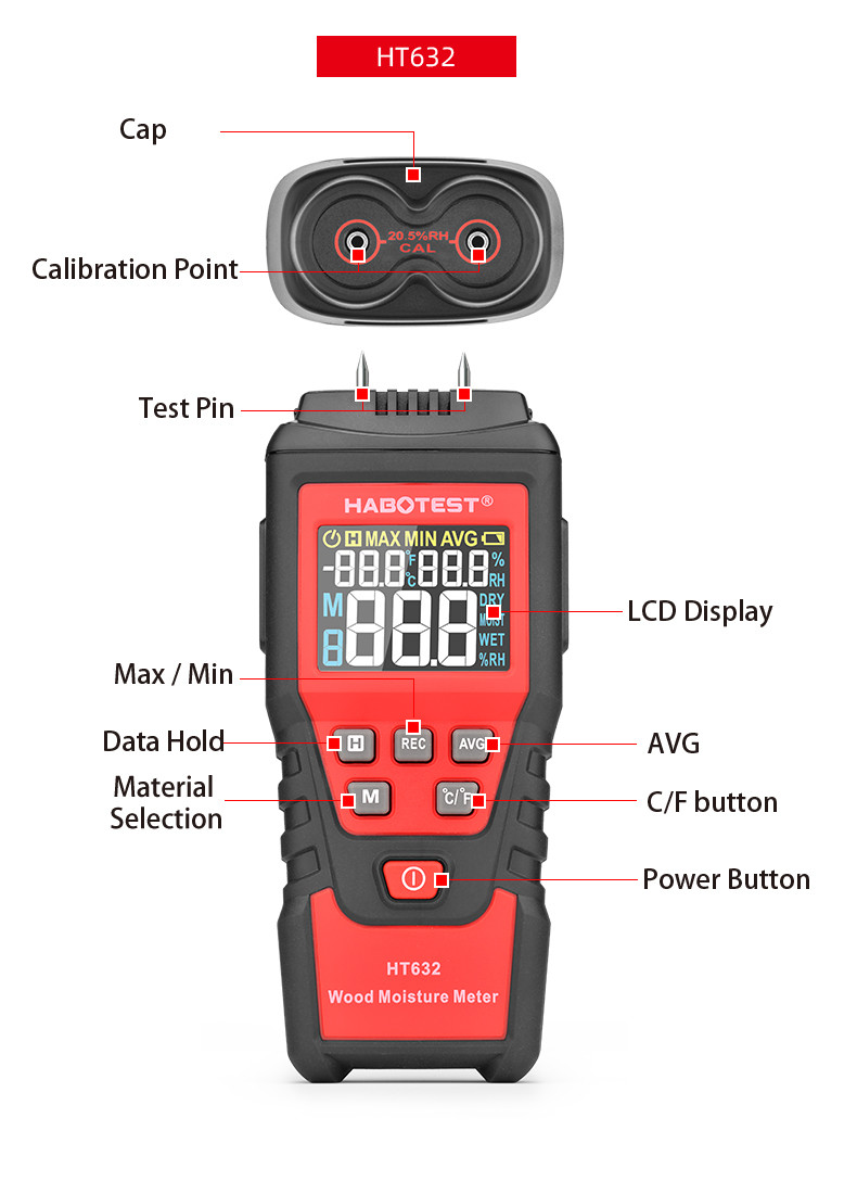 Black And Red Digital Wood Moisture Meter , Pin Moisture Meter For Wood