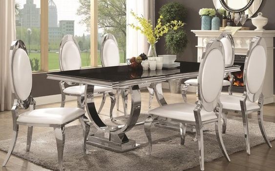 Silver 150X90X75 Luxury Comfort Dining Table 6 Seater Tempered Glass Top