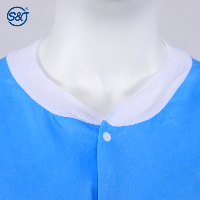 S&J Disposable Spunlace Lab Jacket Spunlace Nonwoven Premium Quality Knitted Collar and Cuff Front Button Closure Three Pocktets