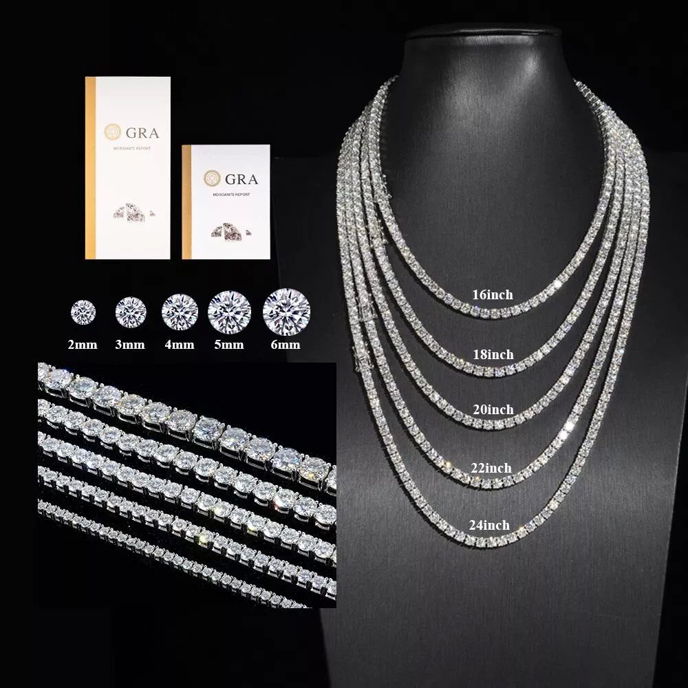 2MM Moissanite Tennis Chain White D Color Moissanite Diamond Tennis Necklace