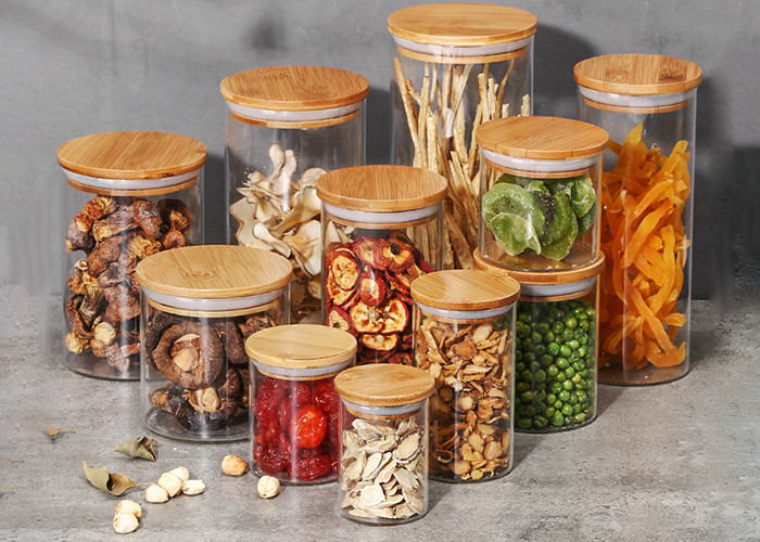 Cylinder Sealable Glass Bottles With Bamboo Lid High Borosilicate