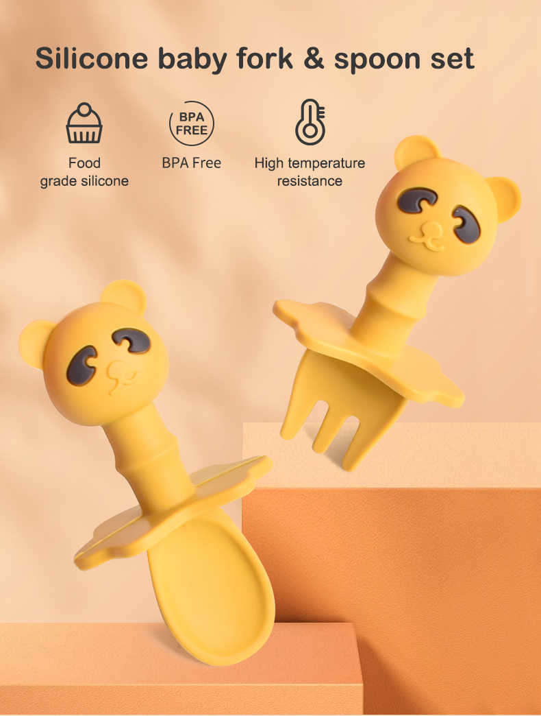 Panda Baby Silicone Spoon And Fork Cartoon Silicone Feeding Spoon