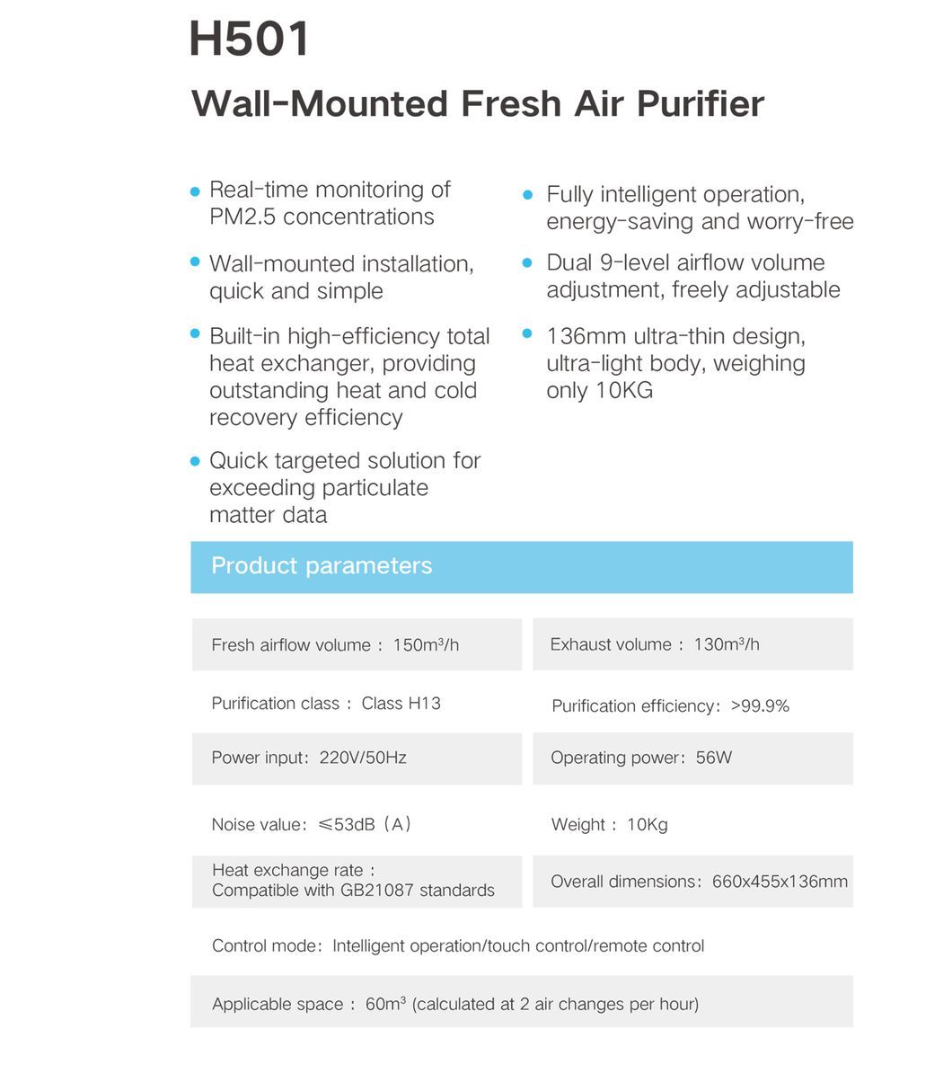 H501 Intelligent, Energy-Saving, Wall-Mounted Positivepressure Air Purifier with Fresh Air Supply