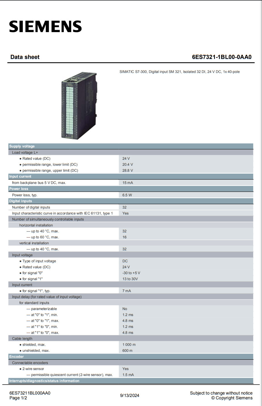 Siemens S7-300 series SM 321 digital input module 6ES7321-1BL00-0AA0
