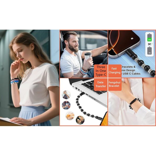 USB 3.0 Multicolor Type-C Fast Charging Data Feng Shui Bracelet Cable: Midnight Guardian · Onyx Energy Bracelet Wristband Design Charger Leather