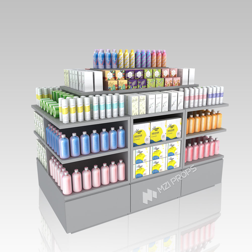 Gray Wooden Display Rack Cosmetic Store Multi Functional Shelf For Beauty Store Decoration And Retail Shop Fitting