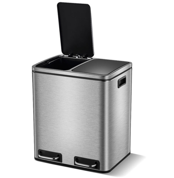 30L Two Compartment Indoor Trash Can Foot Pedal Stainless Steel Waste Basket
