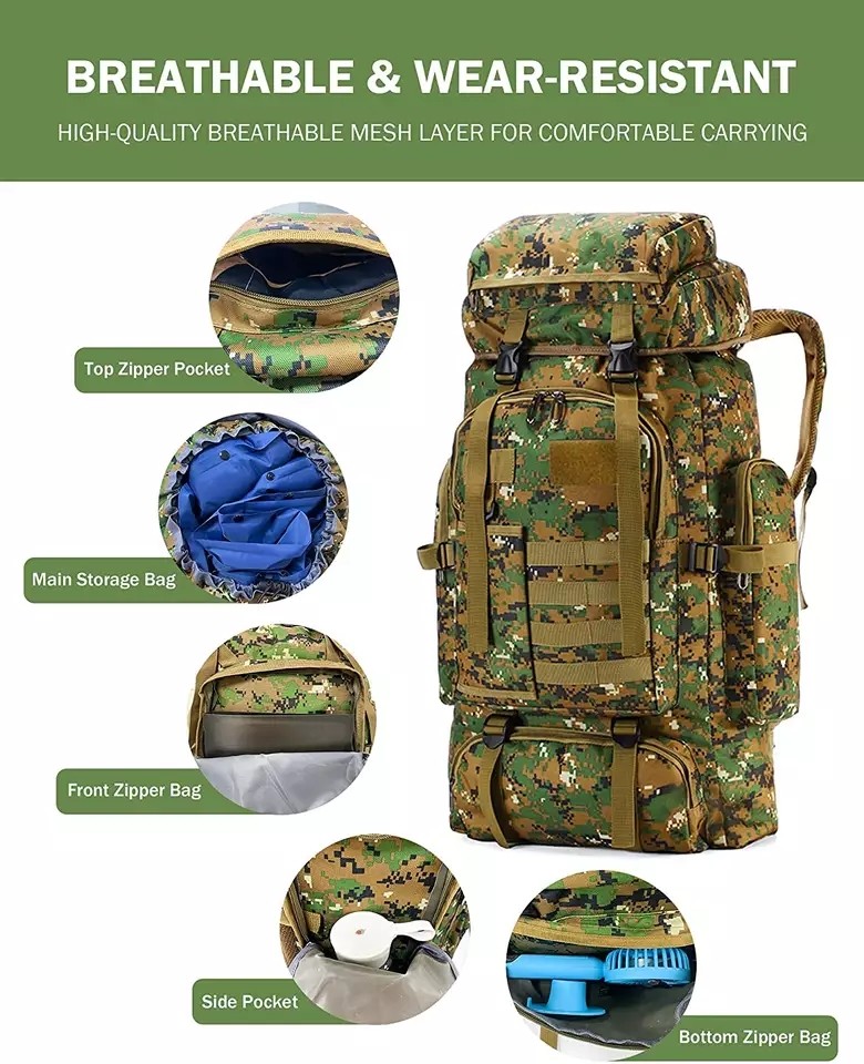 BSCI Nylon Camo Hiking Backpack 75L Travel Camping Backpack Men Women