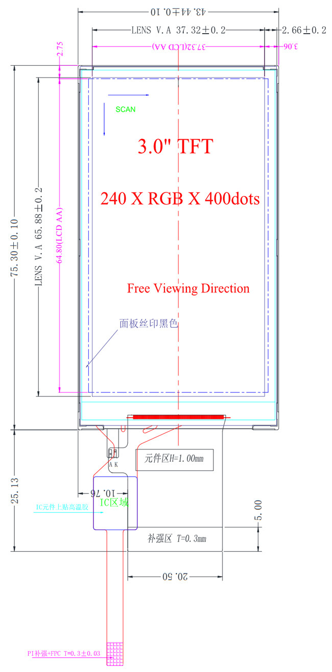 Touch Screen PCAP TFT Display 3" 240x400 MCU 8bits 16bits Interface 40 Pin