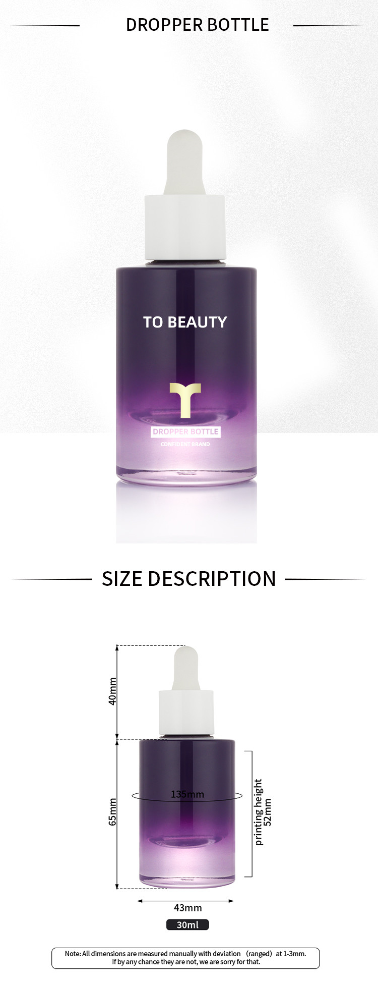 New design small ombre purple white pump 30ml empty serum container dropper bottle