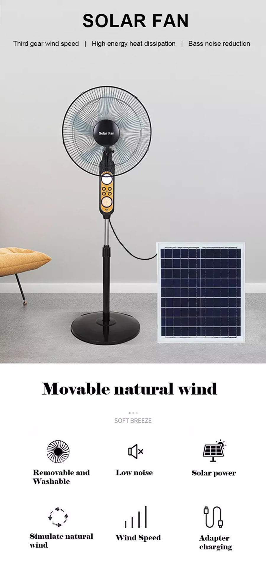 16 Inch Rechargeable Solar Charging Fan 12v Standing Battery Emergency With Panel Pedestal
