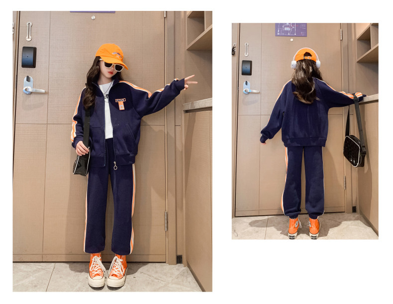 Alphabet Print Royal Blue Zipper Korean Girls Outfit Sets For Aged 4-16
