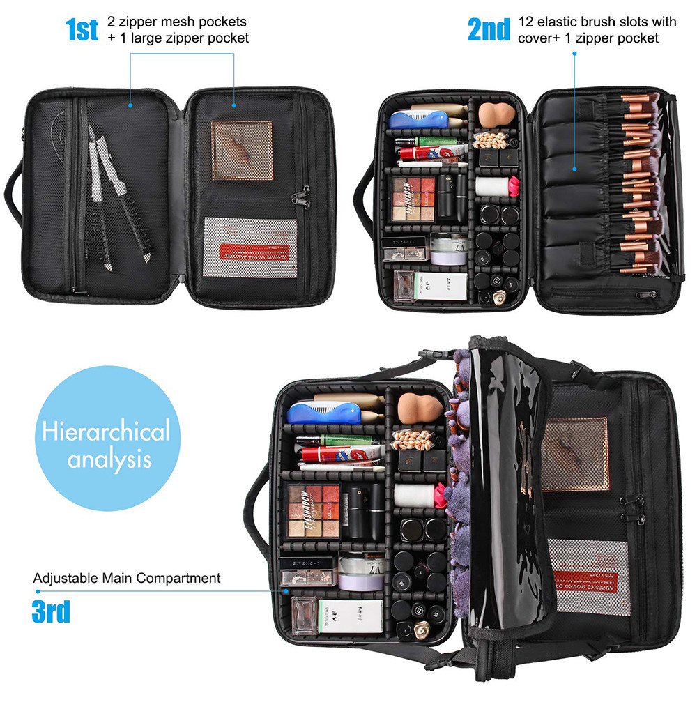Multifunction Nylon Large Cosmetic Case With Adjustable Dividers