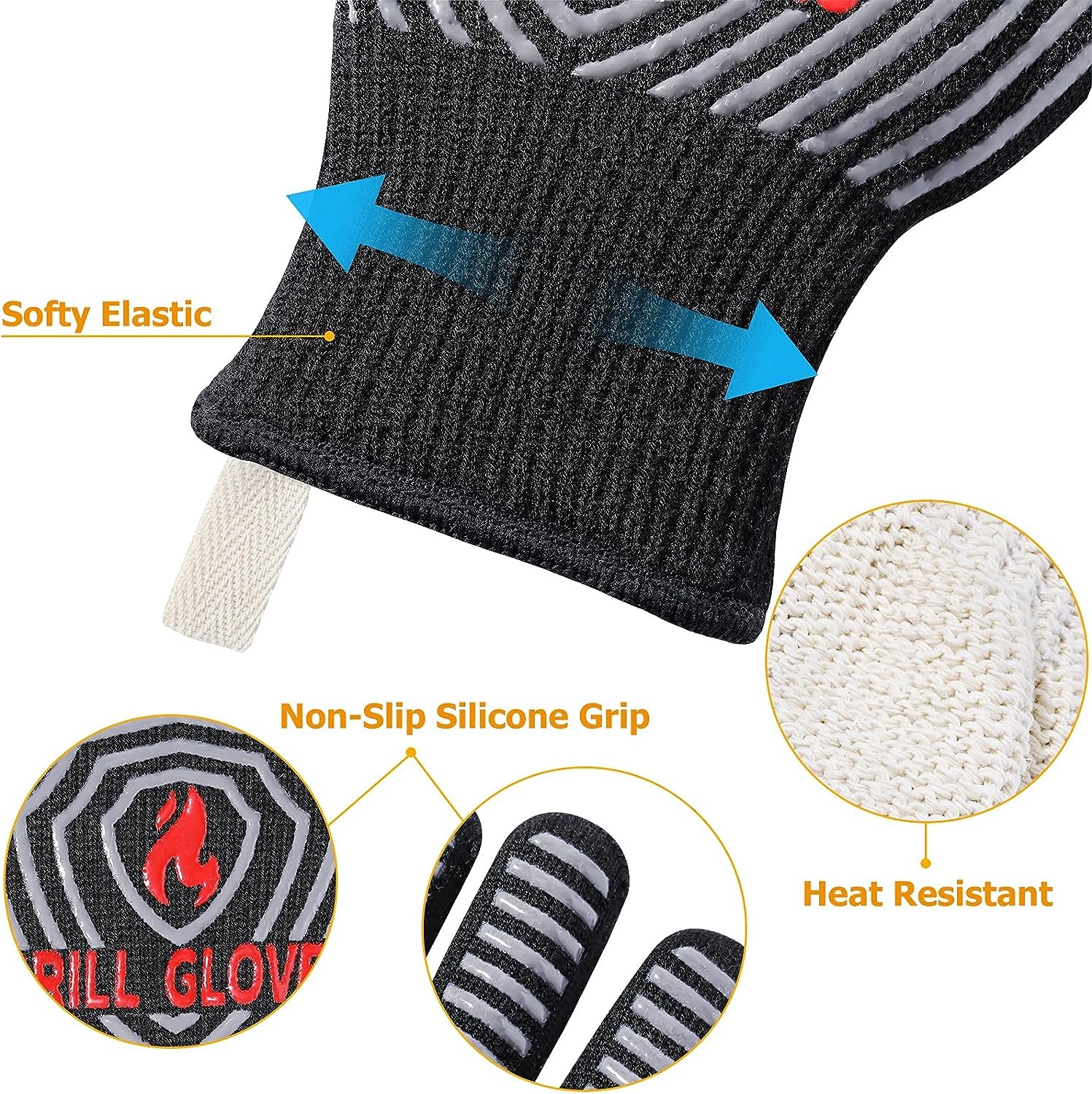 1800°F Extreme Heat Resistant Silicone Non-Slip Oven Gloves, Barbecue, Cooking, Baking Kitchen Gloves