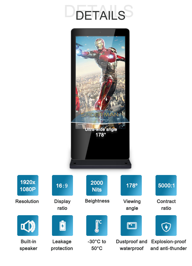 Non Touching AC Temp Control 100V - 240V Vertical Outdoor LCD Digital Signage
