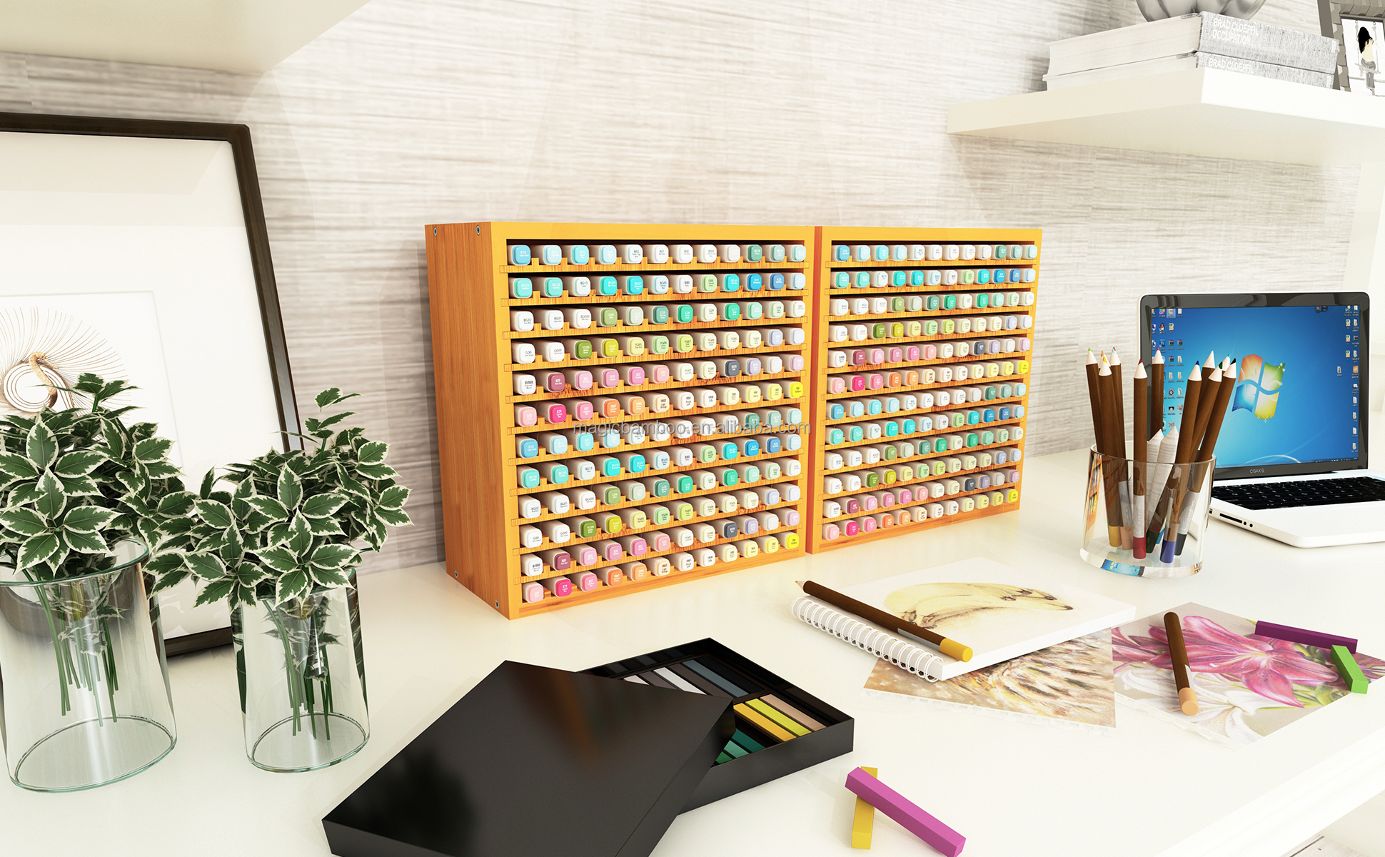 23 x 13.5 x 23CM Bamboo Marker Organizer Holds 100 Markers Art Supply Storage Rack
