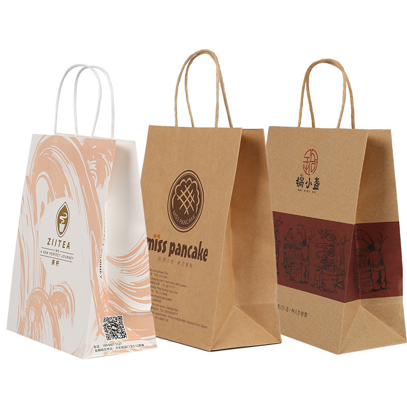 Custom Printed White Kraft Paper Shopping Bags With Twisted Paper Handle