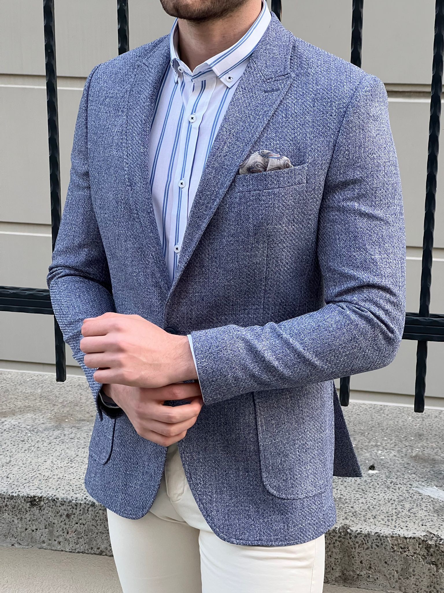 Slim Fit Self Patterned Blue Business Casual Blazer Outfit